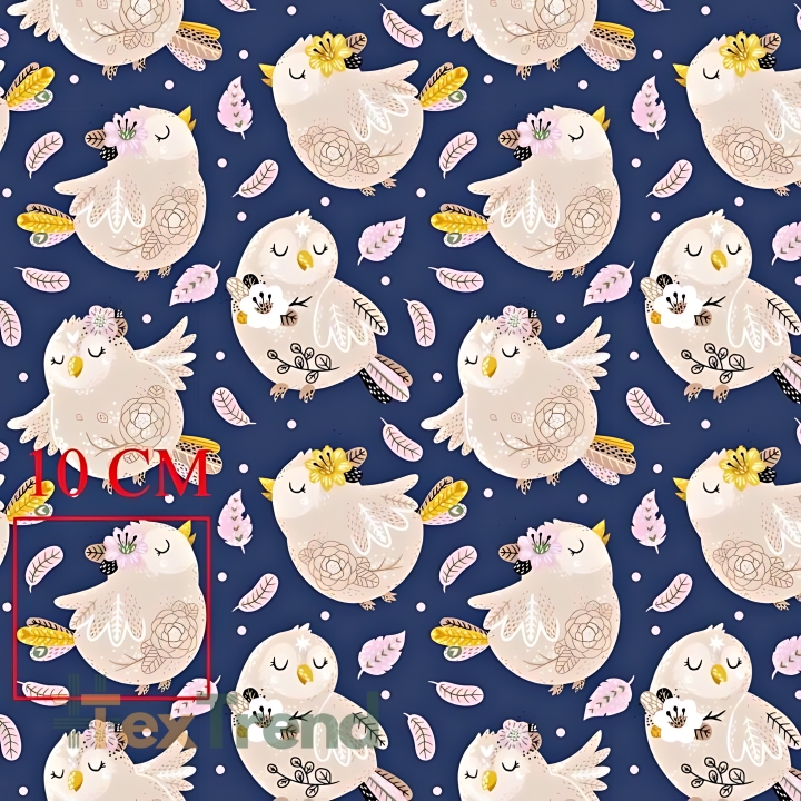 100% Baumwolle, beige Vögel mit rosa Federn auf navy Hintergrund  