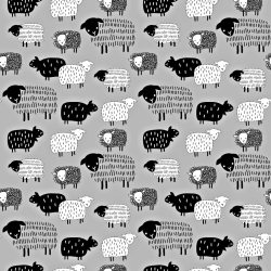 100% Baumwolle, schwarze gezeichnete Schafe auf grauem Hintergrund  