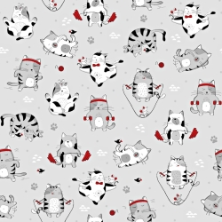 Baumwolle 100% Katzen FIT rot-grau auf grauem Hintergrund  