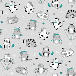 Baumwolle 100% Katzen FIT mint-grau auf grauem Hintergrund  