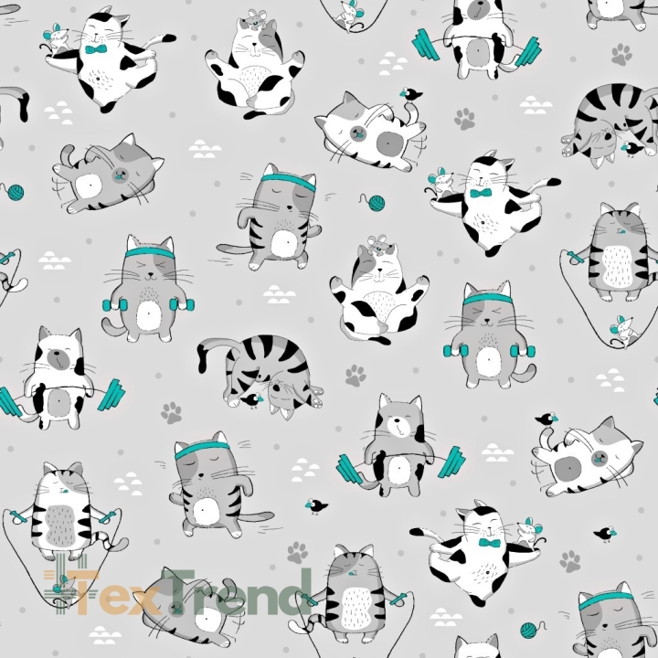 Baumwolle 100% Katzen FIT mint-grau auf grauem Hintergrund  