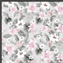 Jersey-Stoff Digitaldruck Blätter mit rosa Blumen auf grauem Hintergrund  