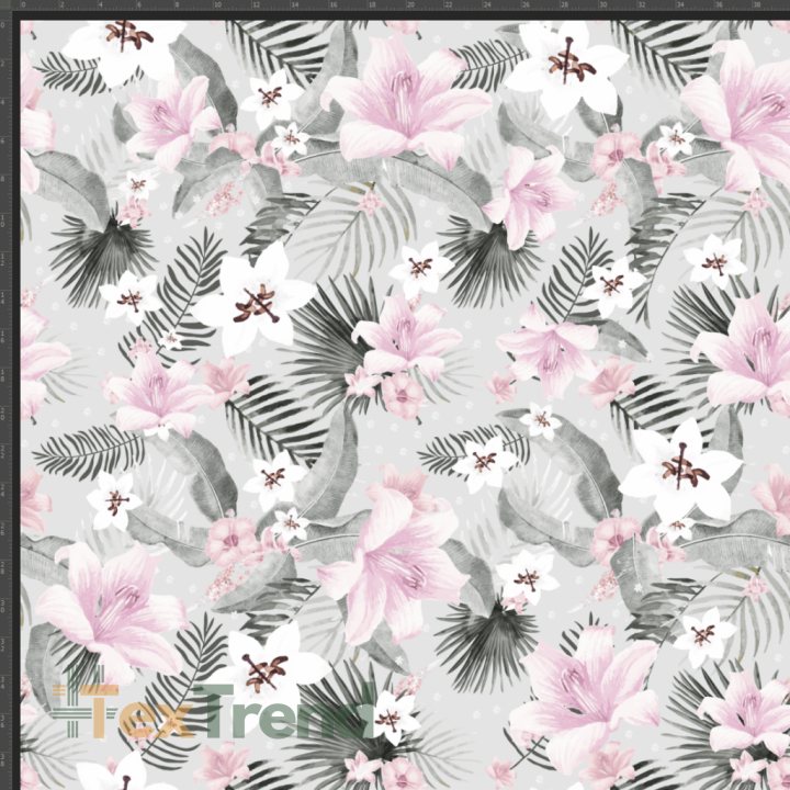 Jersey-Stoff Digitaldruck Blätter mit rosa Blumen auf grauem Hintergrund  