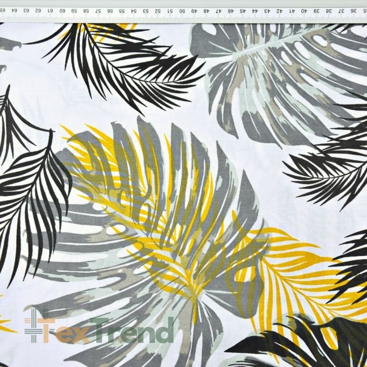 Baumwolle 100% Monstera Blätter gelb-schwarz auf weißem Hintergrund  