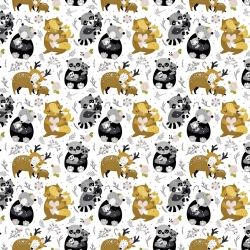 Baumwolle 100% Tiere Familie grau-beige auf weißem Hintergrund  