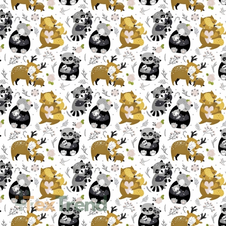 Baumwolle 100% Tiere Familie grau-beige auf weißem Hintergrund  