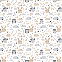 Baumwolle 100% Eulen mit Hasen beige-grau auf weißem Hintergrund  
