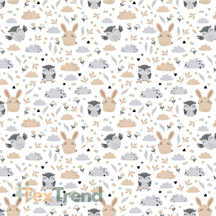 Baumwolle 100% Eulen mit Hasen beige-grau auf weißem Hintergrund  