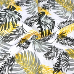 Baumwolle 100% Monstera-Blätter gelb-schwarz auf weiß - 220cm  