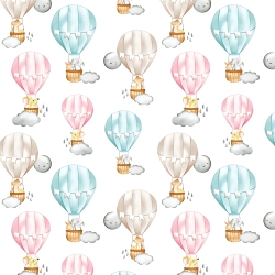 Baumwolle 100% Tiere in pastellfarbenen Ballons auf weißem Hintergrund  