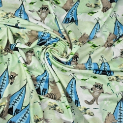 Jersey-Stoff Digitaldruck, Indianerhütten auf hellgrünem Hintergrund  