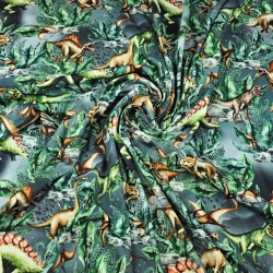 Jersey-Stoff Digitaldruck, Dinosaurier auf grau-grünem Hintergrund  