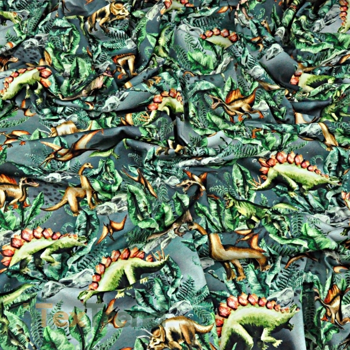 Jersey-Stoff Digitaldruck, Dinosaurier auf grau-grünem Hintergrund  