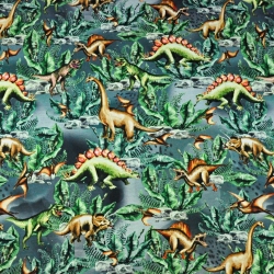 Jersey-Stoff Digitaldruck, Dinosaurier auf grau-grünem Hintergrund  