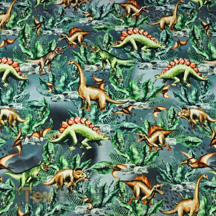 Jersey-Stoff Digitaldruck, Dinosaurier auf grau-grünem Hintergrund  