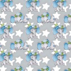 Baumwolle 100% Elefanten blau mit Sternen auf grauem Hintergrund  