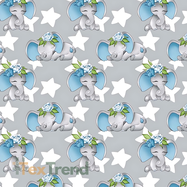 Baumwolle 100% Elefanten blau mit Sternen auf grauem Hintergrund  