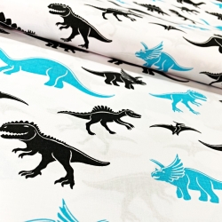 Baumwolle 100% Dinosaurier blau-schwarz auf weißem Hintergrund  