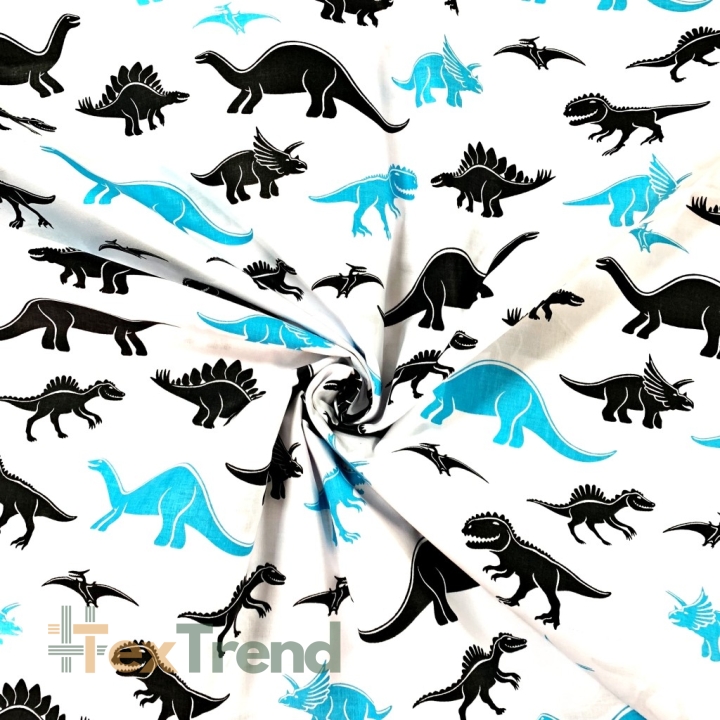 Baumwolle 100% Dinosaurier blau-schwarz auf weißem Hintergrund  