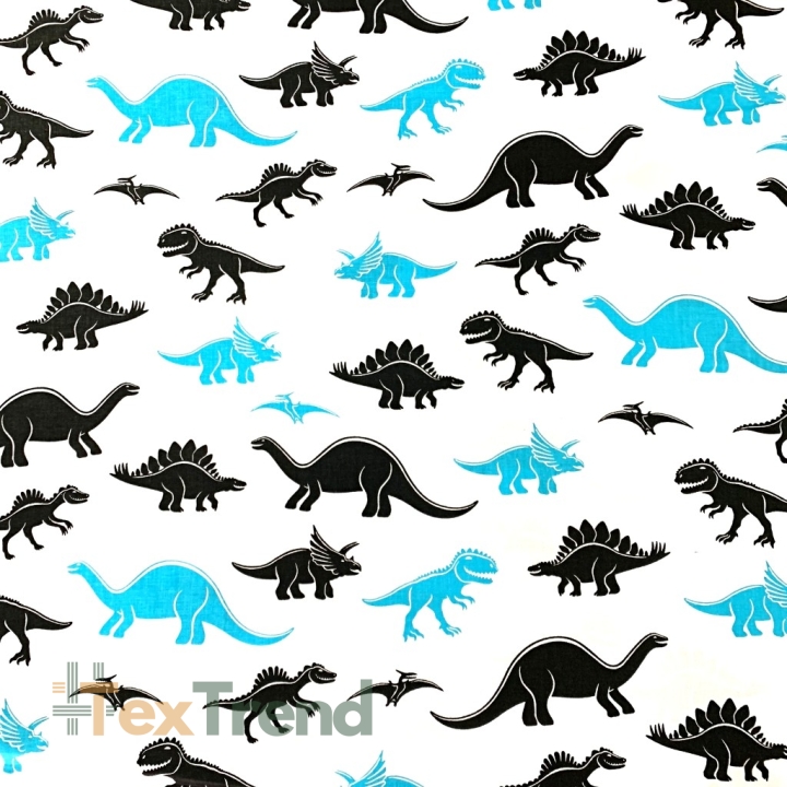 Baumwolle 100% Dinosaurier blau-schwarz auf weißem Hintergrund  