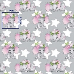Baumwolle 100% Elefanten rosa mit Sternen auf grauem Hintergrund  