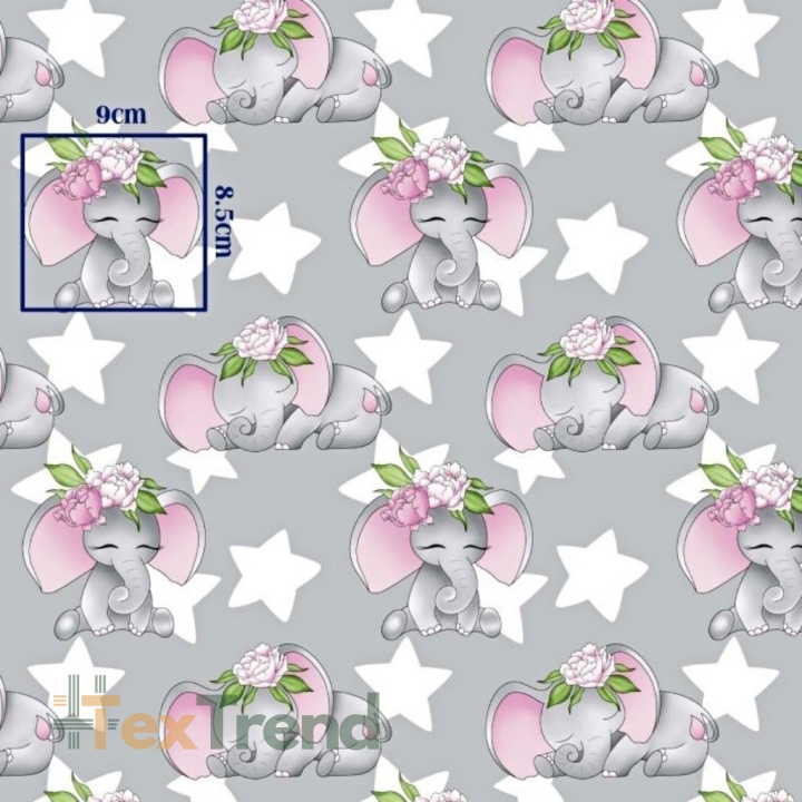 Baumwolle 100% Elefanten rosa mit Sternen auf grauem Hintergrund  