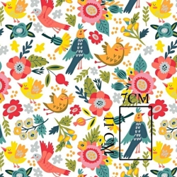 Baumwolle 100% bunte Vögel mit Blumen auf weißem Hintergrund  
