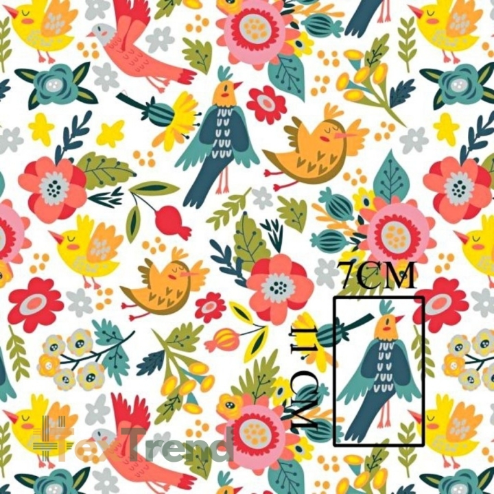 Baumwolle 100% bunte Vögel mit Blumen auf weißem Hintergrund  