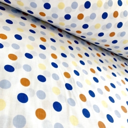 Baumwolle 100% Punkte 23mm blau-braun auf weißem Hintergrund  