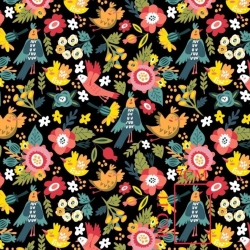 Baumwolle 100% bunte Vögel mit Blumen auf schwarzem Hintergrund  