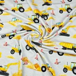 Jersey-Stoff Digitaldruck, Baustellenroboter auf grau-weißen Streifen  