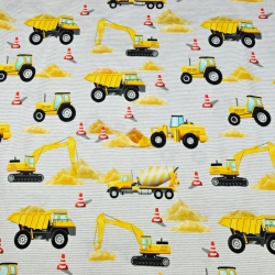 Jersey-Stoff Digitaldruck, Baustellenroboter auf grau-weißen Streifen  