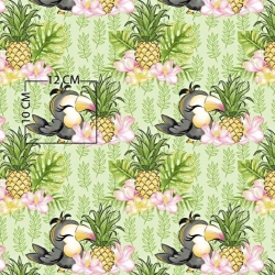Baumwolle 100% Tukane mit Ananas auf grünem Hintergrund  