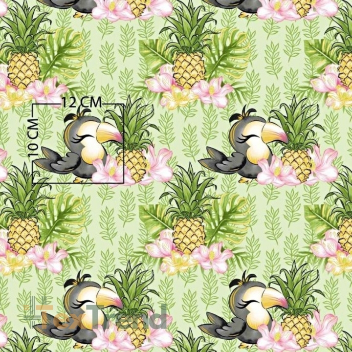 Baumwolle 100% Tukane mit Ananas auf grünem Hintergrund  