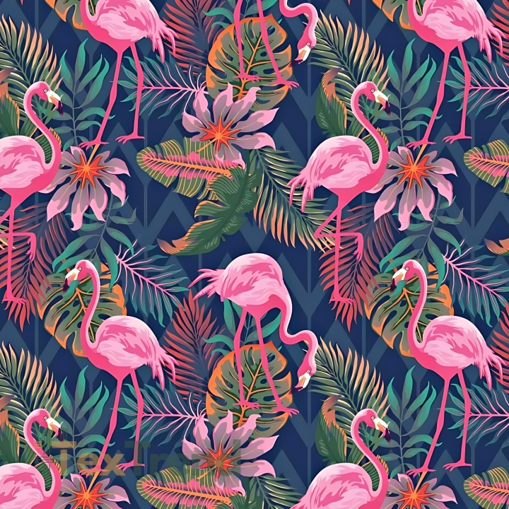 Baumwolle 100% rosa Flamingos auf dunkelgrün-blauem Hintergrund  