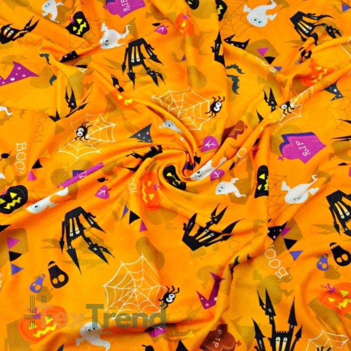 Jersey-Stoff digitaldruck - Halloween auf orangefarbenem Hintergrund  