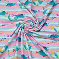 Jersey-Stoff Digitaldruck, Fische auf pastellfarbenen Streifen  