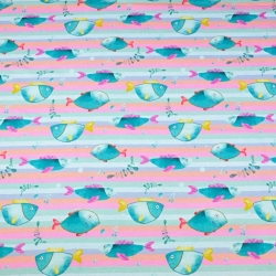 Jersey-Stoff Digitaldruck, Fische auf pastellfarbenen Streifen  
