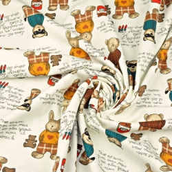 Jersey-Stoff mit Bären und Kaninchen auf Ecru-Hintergrund  