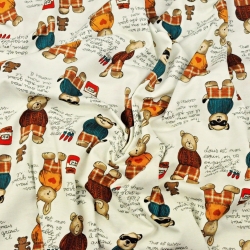 Jersey-Stoff mit Bären und Kaninchen auf Ecru-Hintergrund  