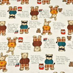 Jersey-Stoff mit Bären und Kaninchen auf Ecru-Hintergrund  