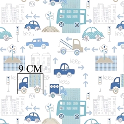 Baumwolle 100% Autos in der Stadt blau-minze auf weißem Hintergrund  