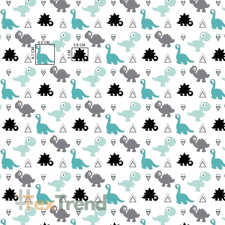 Baumwolle 100% Dinosaurier mintgrau auf weißem Hintergrund  
