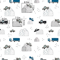 Baumwolle 100% Autos grau-blau auf Hügeln auf weißem Hintergrund  