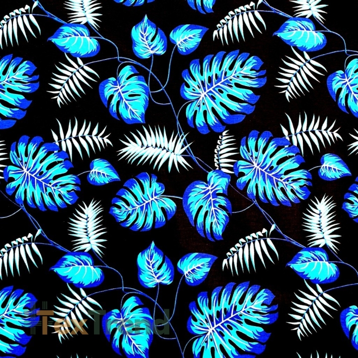 Baumwolle 100% blaue Blätter auf schwarzem Hintergrund  