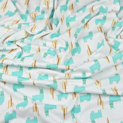 Jersey-Stoff mit mintfarbenen Alpakas auf weißem Hintergrund  