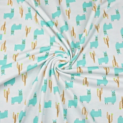 Jersey-Stoff mit mintfarbenen Alpakas auf weißem Hintergrund  