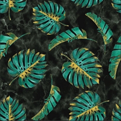 Jersey Stoff Digitaldruck - Monstera Blätter grün-gold auf schwarzem Marmor Hintergrund  