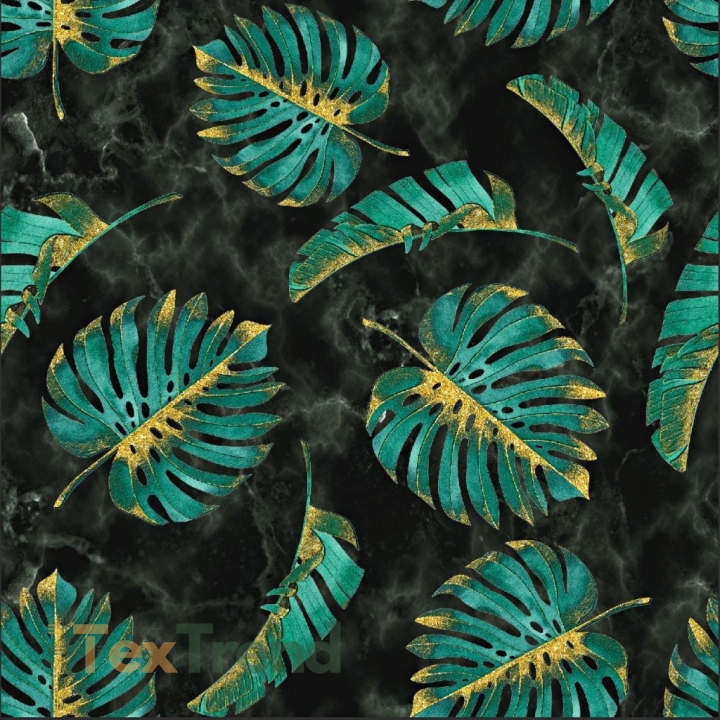 Jersey Stoff Digitaldruck - Monstera Blätter grün-gold auf schwarzem Marmor Hintergrund  