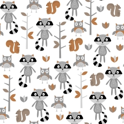 Baumwolle 100% Waschbären im Wald grau-beige auf weißem Hintergrund  